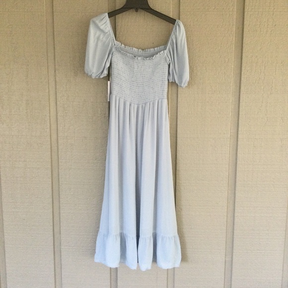 Reformation Meadow Smocked Bodice Slit Square Neck Puff Sleeve Midi In Mineral M - Picture 5 of 15